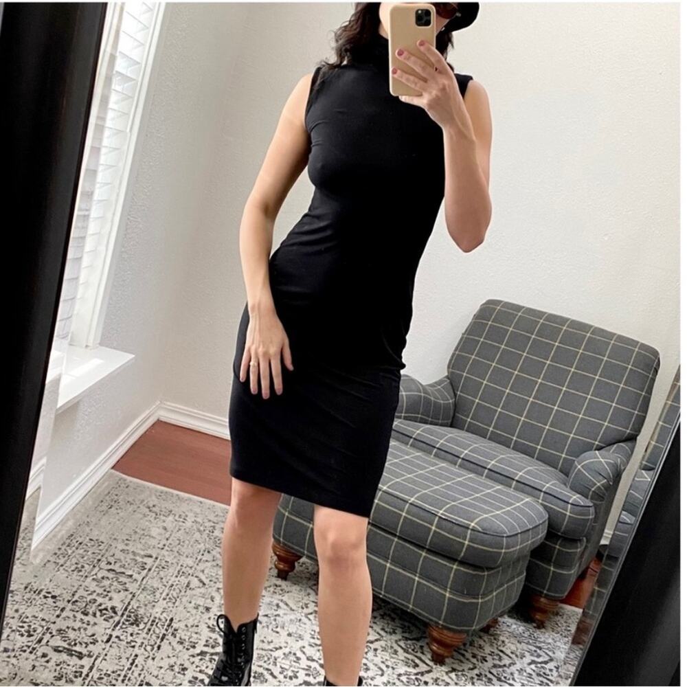 White + Warren Black Sleeveless Turtleneck Stretch Modal Dress Large